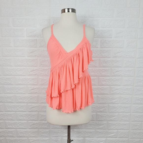 FREE PEOPLE Pink Tiered V-Neck Ruffle Tnak Top | M - Picture 4 of 12
